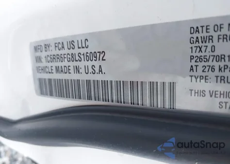 2020 Ram 1500 Classic Tradesman 4X2 6'4 Box z USA, uszkodzony, nr VIN 1C6RR6FG8LS160972